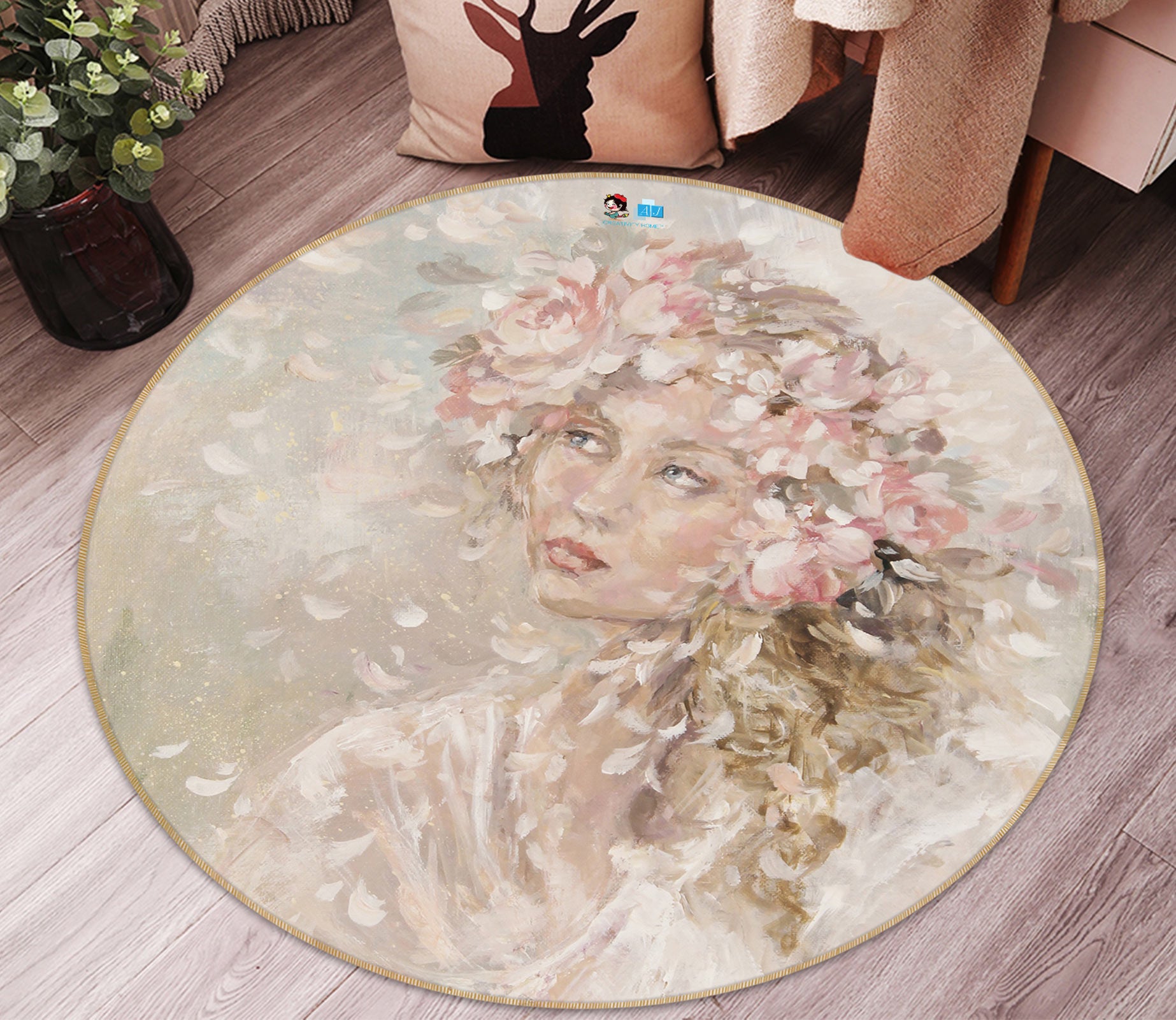 3D Petal Wreath Girl 1192 Debi Coules Rug Round Non Slip Rug Mat