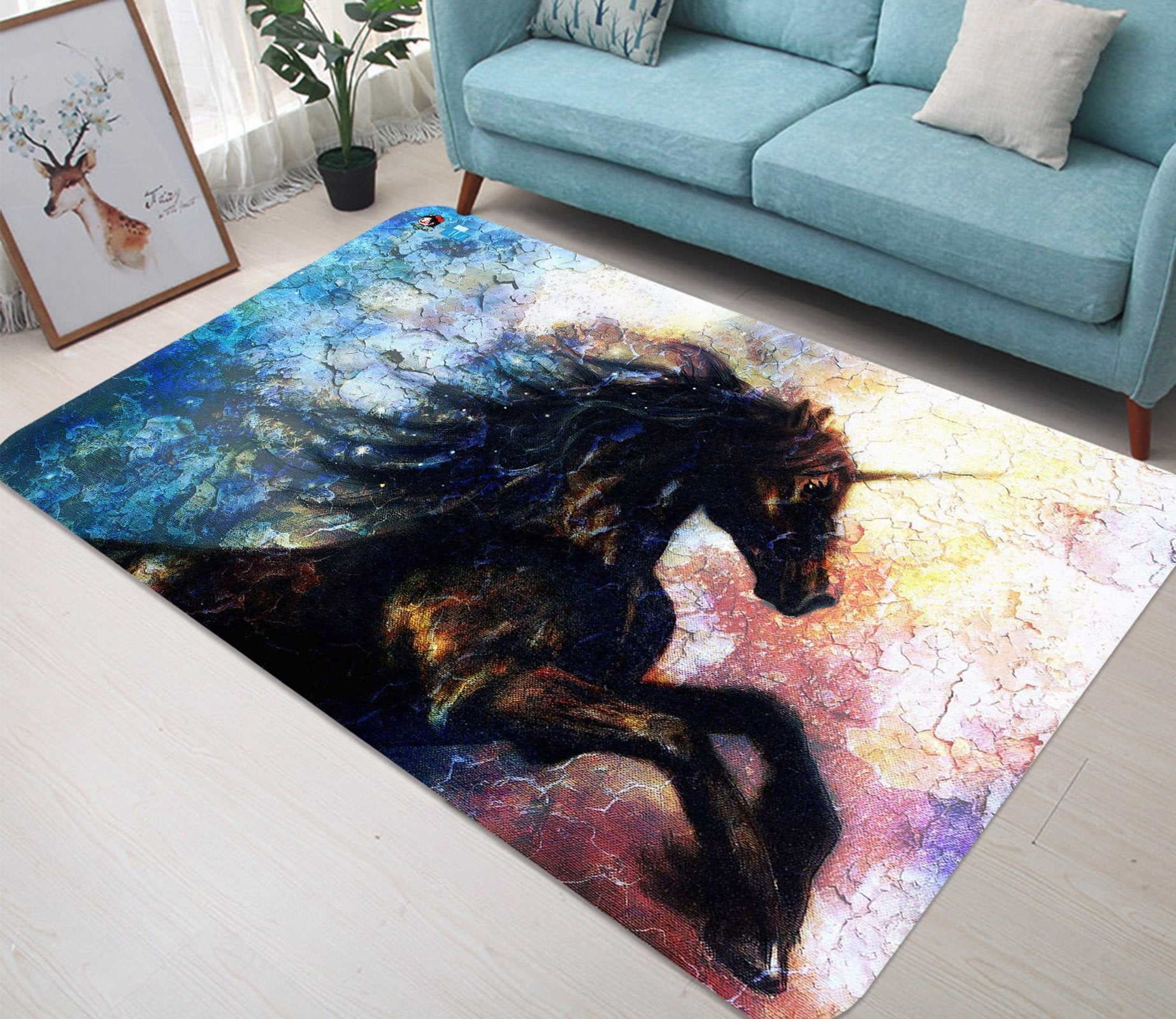 3D Jumping Black Unicorn 06 Non Slip Rug Mat