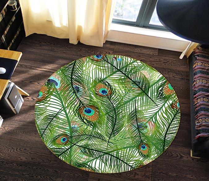 3D Peacock Feather 245 Round Non Slip Rug Mat